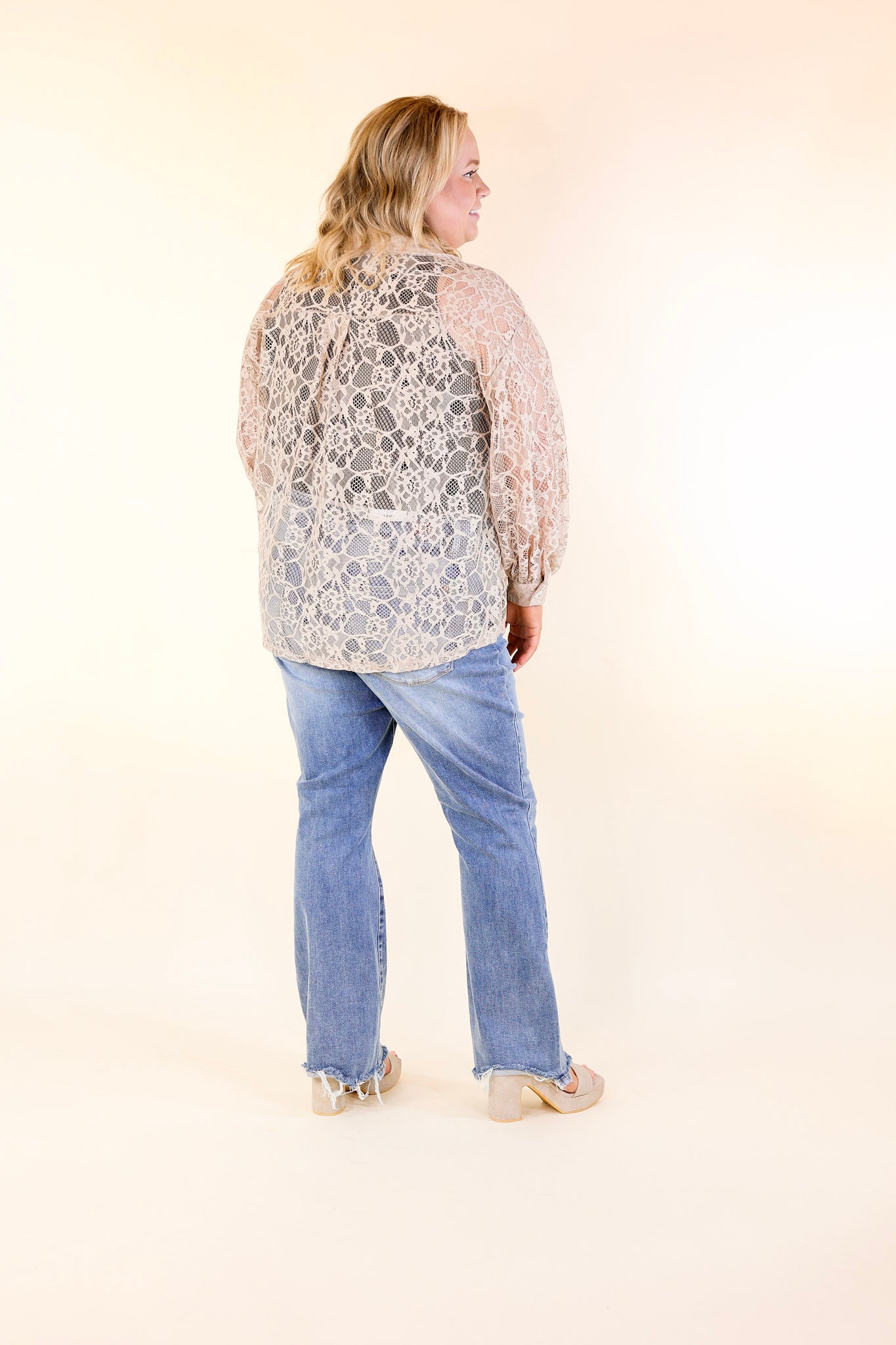 Sheer Chic Collared Button Up Lace Top in Taupe