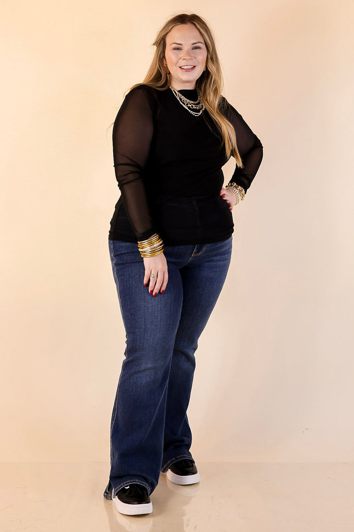 Sheer Confidence Solid Mesh Long Sleeve Top in Black