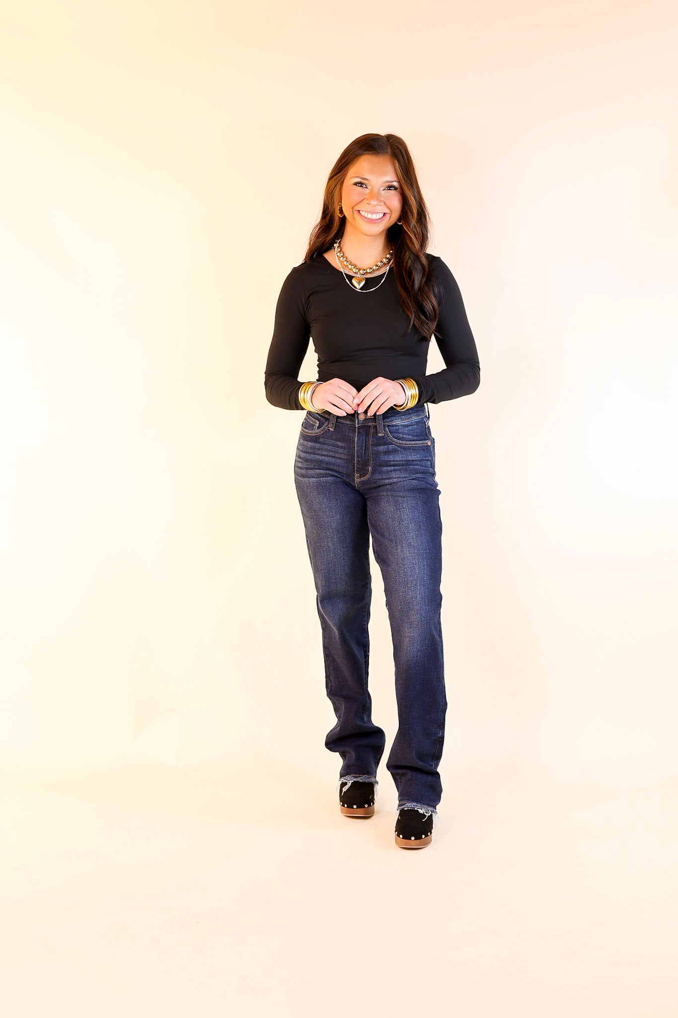 Judy Blue | Everyday Icon Straight Leg Jean with Frayed Hem in Dark Wash