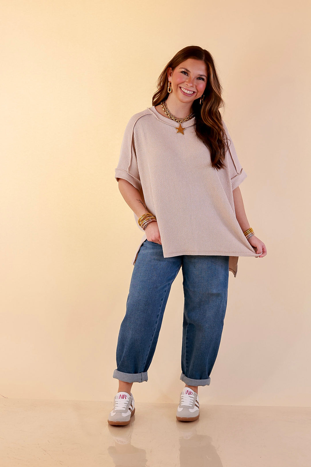 Daily Perfection Scoop Neck Short Sleeve Ribbed Top in Beige
