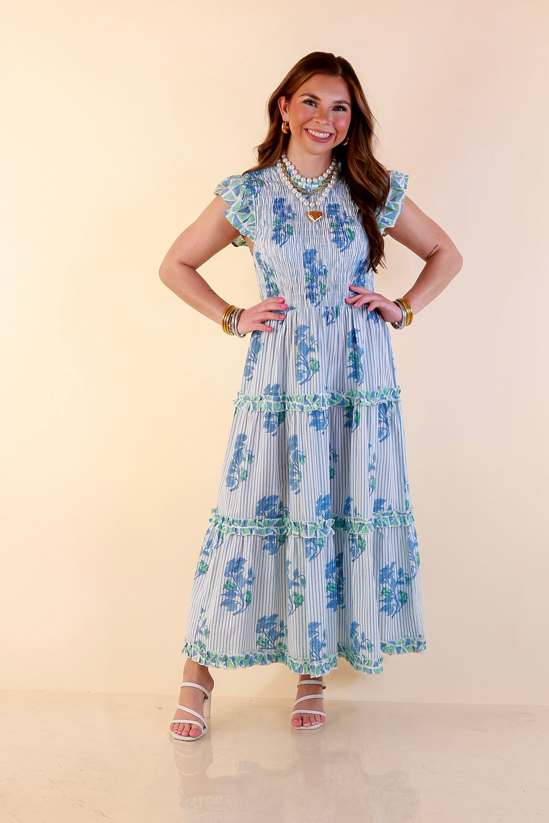 Mud Pie | Graceful Charm Smocked Floral and Stripe Print Tiered Midi Dress with Ruffle Sleeves in Blue