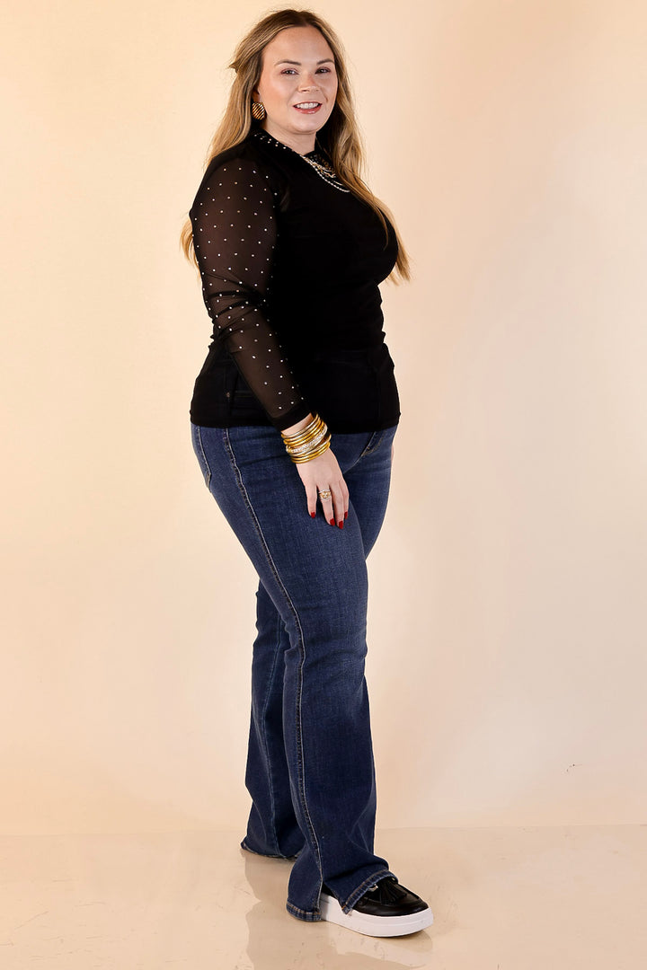 Sheer Confidence Solid Mesh Long Sleeve Top with Rhinestone Detailing in Black