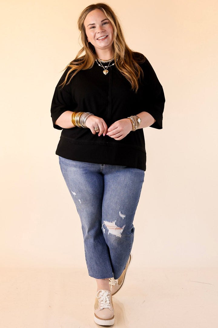 Subtle Spark Crew Neck Short Sleeve Shirt with Seam Detailing in Black