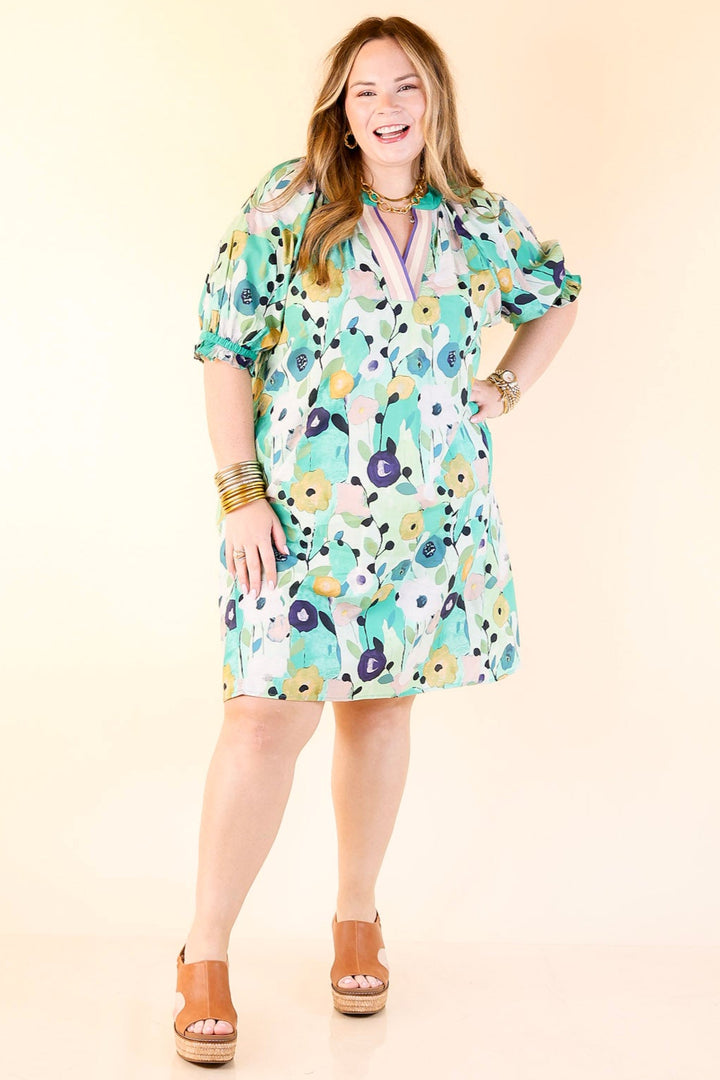 Painted in Petals Abstract Floral Dress with Striped V-Neck in Jade Mix