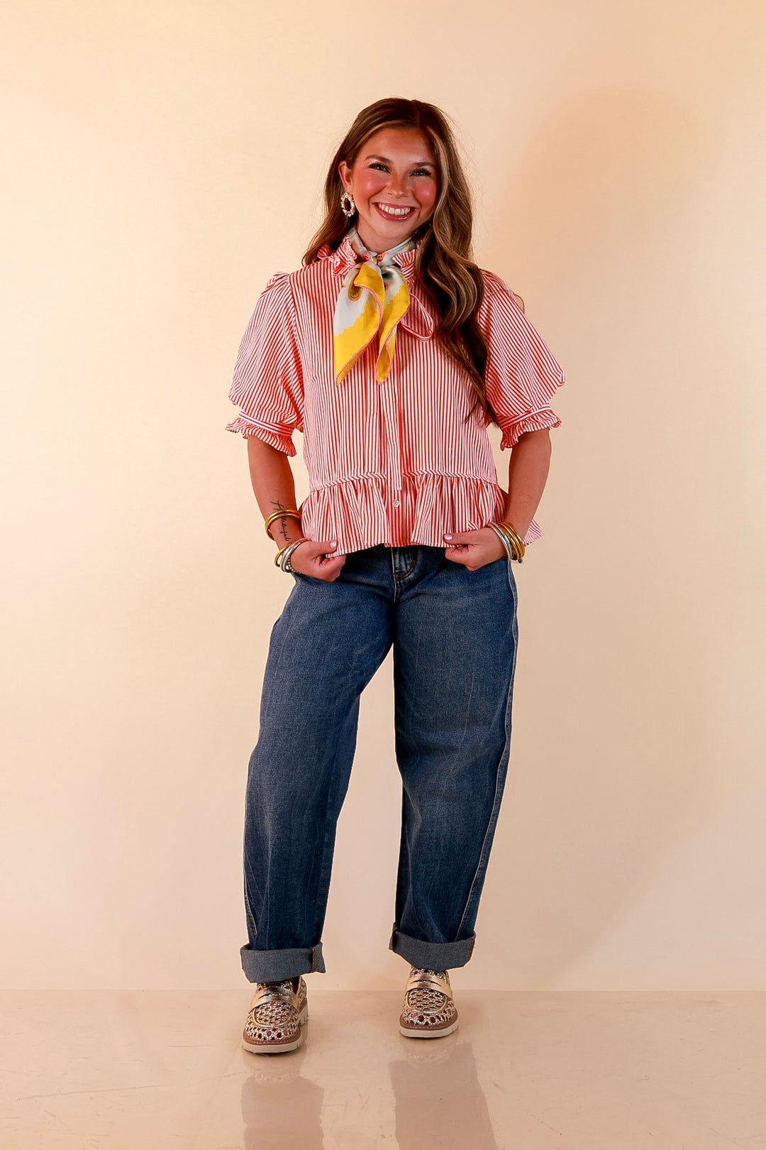 Tea Time Charm Tie Neck Puff Sleeve Peplum Button Front Stripe Blouse in Orange