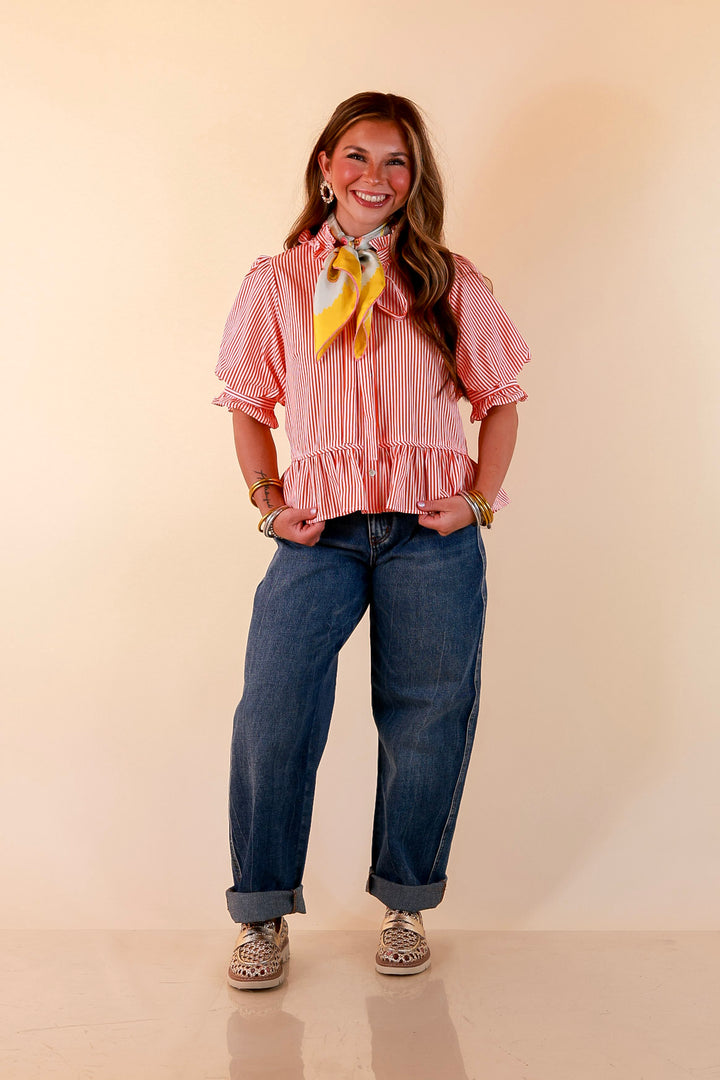 Tea Time Charm Tie Neck Puff Sleeve Peplum Button Front Stripe Blouse in Orange