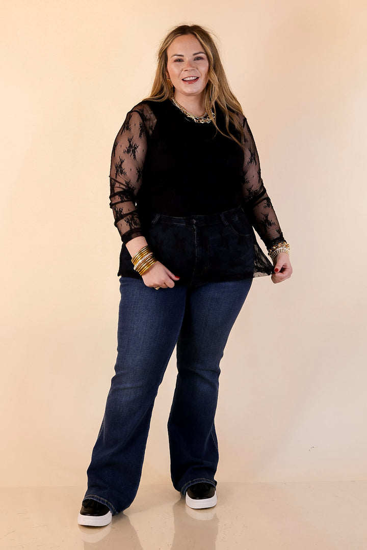 Pretty and Poised Floral Print Lace Top with Ruffle Peter Pan Collar in Black