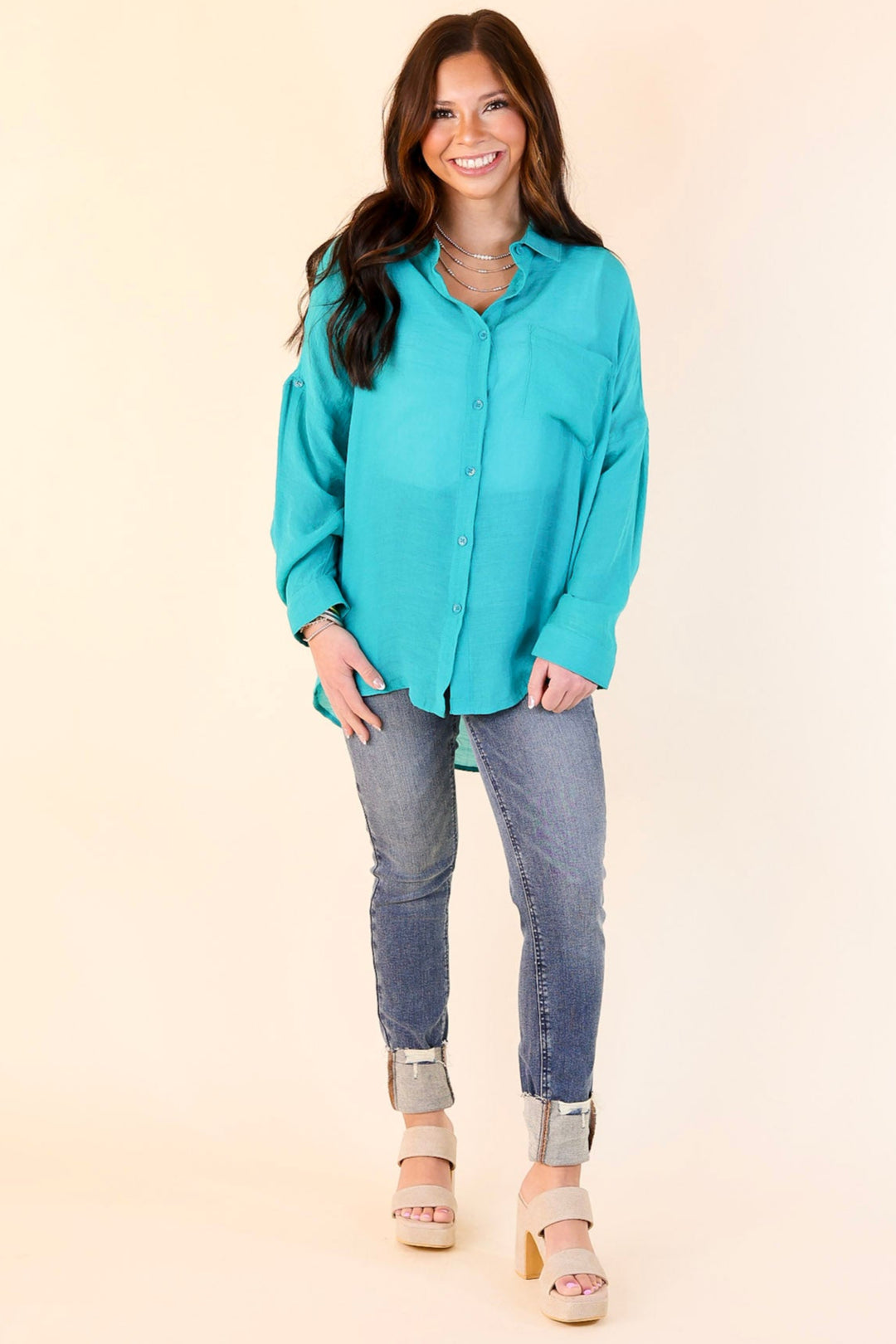 Look on the Bright Side Button Up Long Sleeve in Turquoise Blue