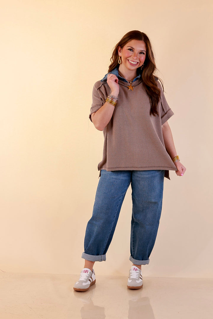 Daily Perfection Scoop Neck Short Sleeve Ribbed Top in Dark Mocha Brown