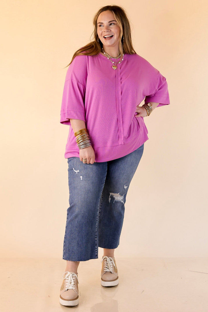 Subtle Spark Crew Neck Short Sleeve Shirt with Seam Detailing in Mauve