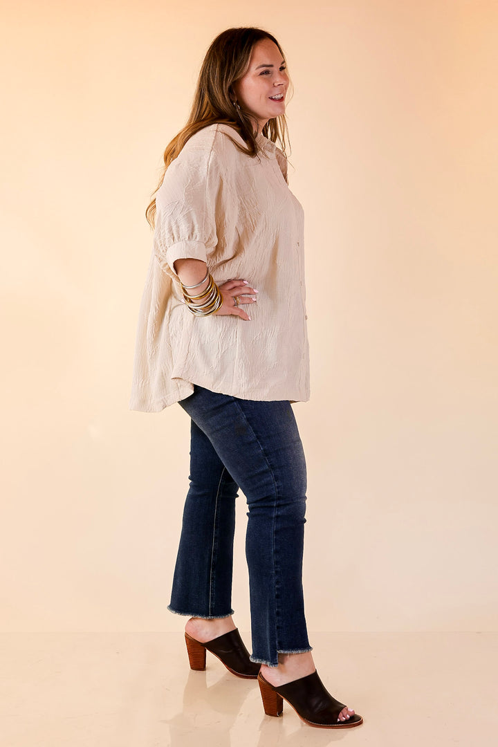 Flirty in Floral Textured Floral Print Button Up Collared Blouse in Cream