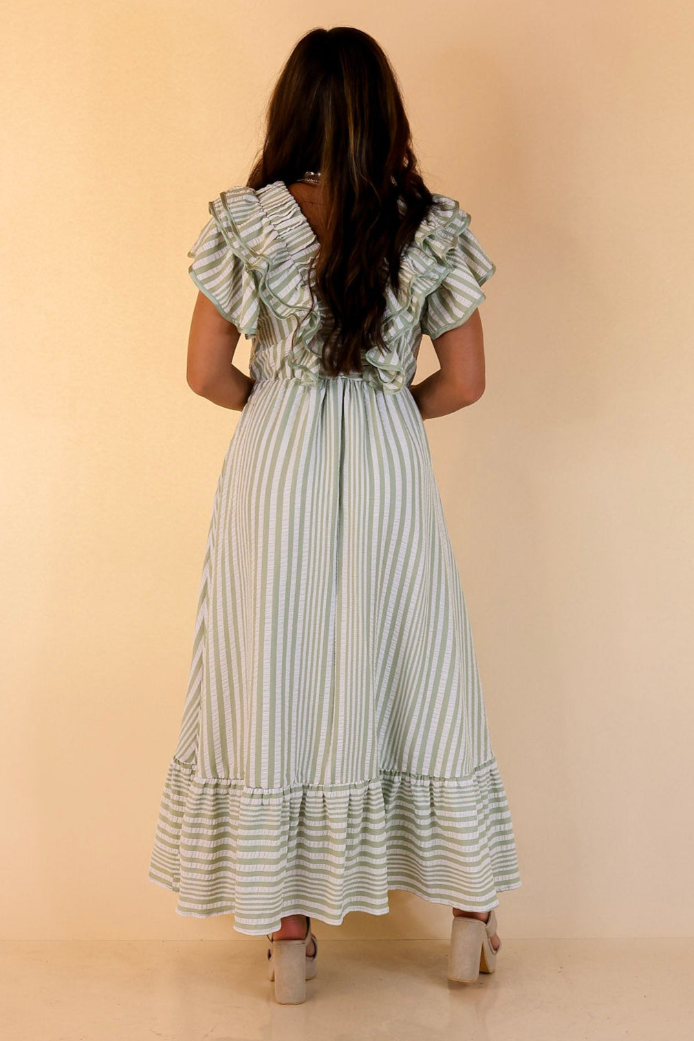 Oh So Sweet V-Neck Striped Maxi Dress in Sage Green