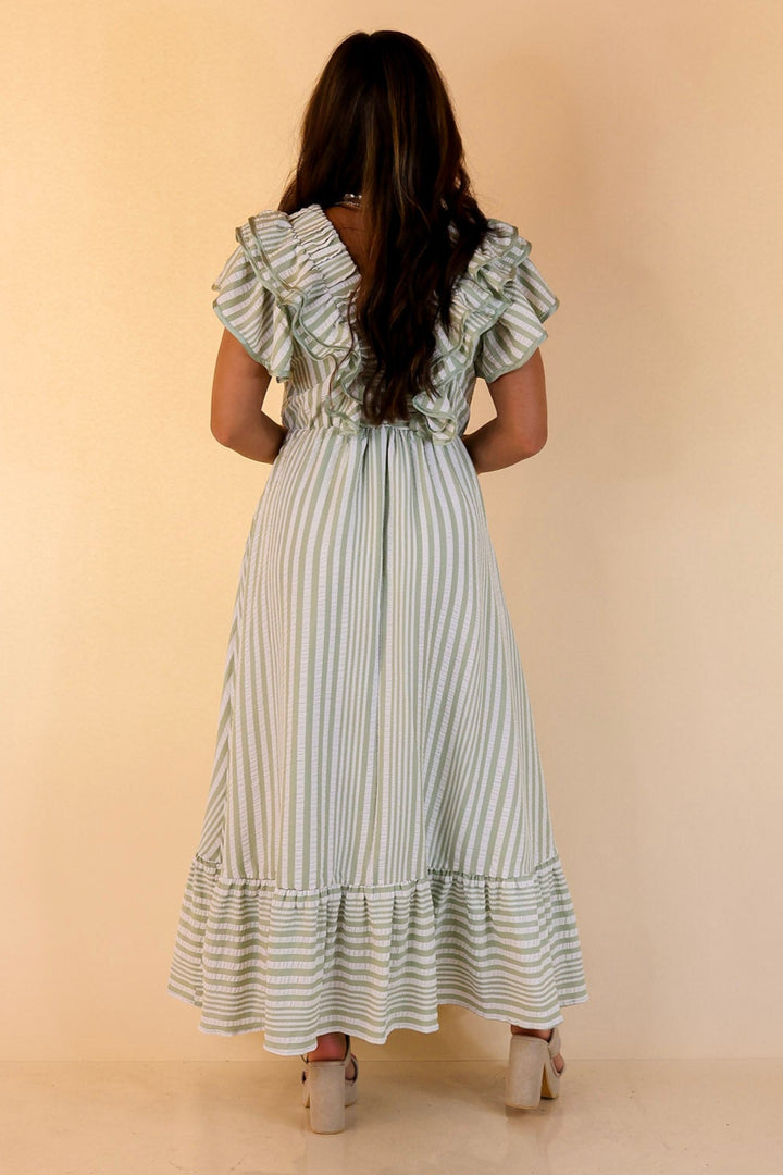 Oh So Sweet V-Neck Striped Maxi Dress in Sage Green