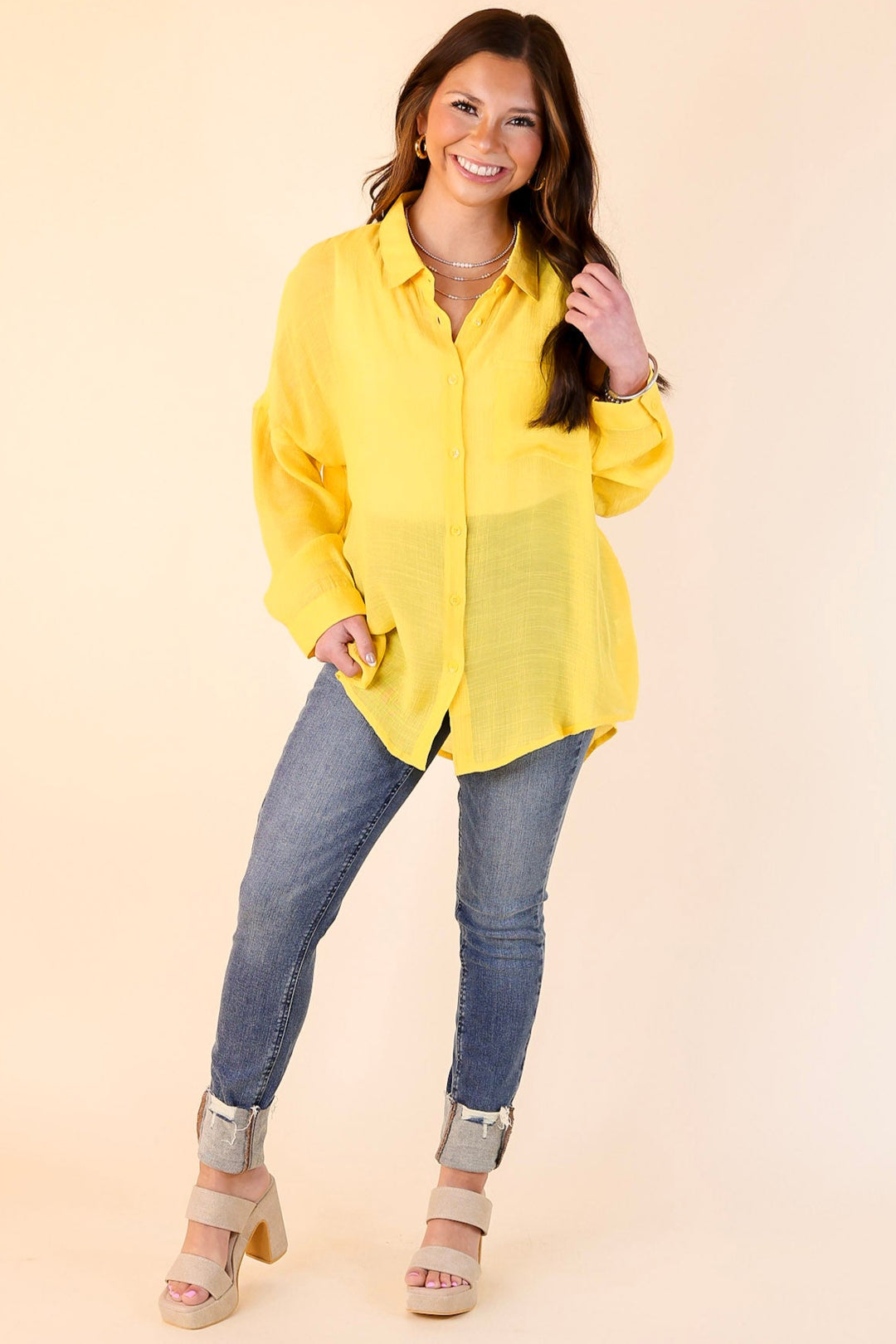 Look on the Bright Side Button Up Long Sleeve in Lemon Yellow
