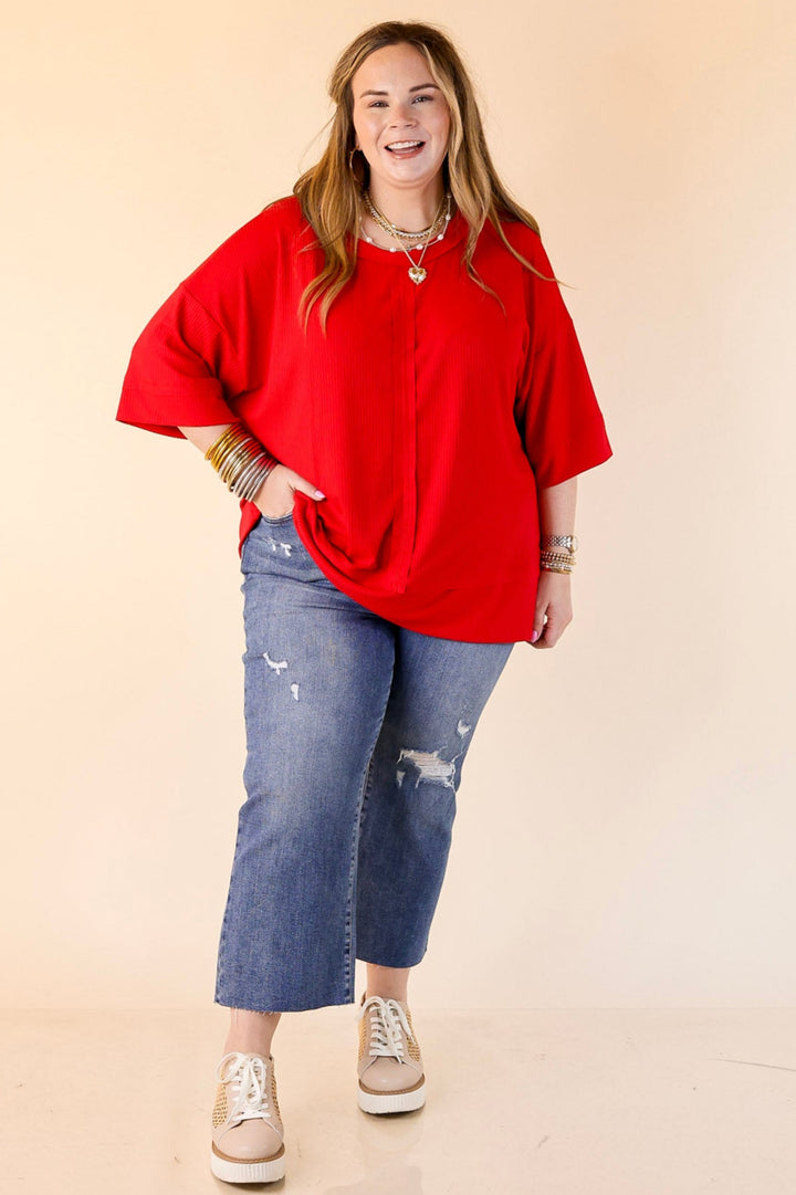 Subtle Spark Crew Neck Short Sleeve Shirt with Seam Detailing in Red