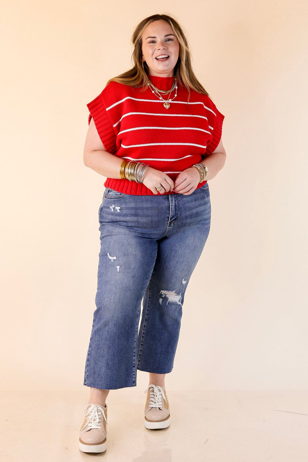 Sweet in Stripes Short Sleeve Striped Mock Neck Sweater in Red