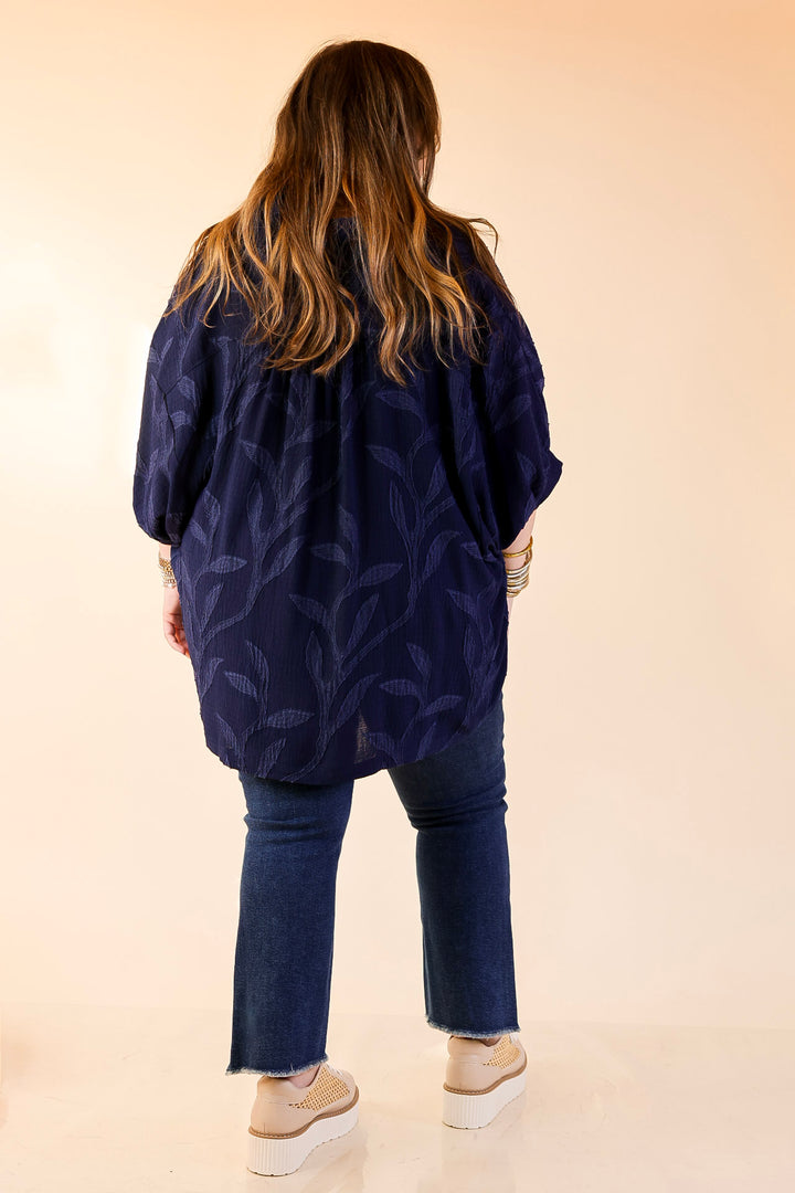 Flirty in Floral Textured Floral Print Button Up Collared Blouse in Navy Blue