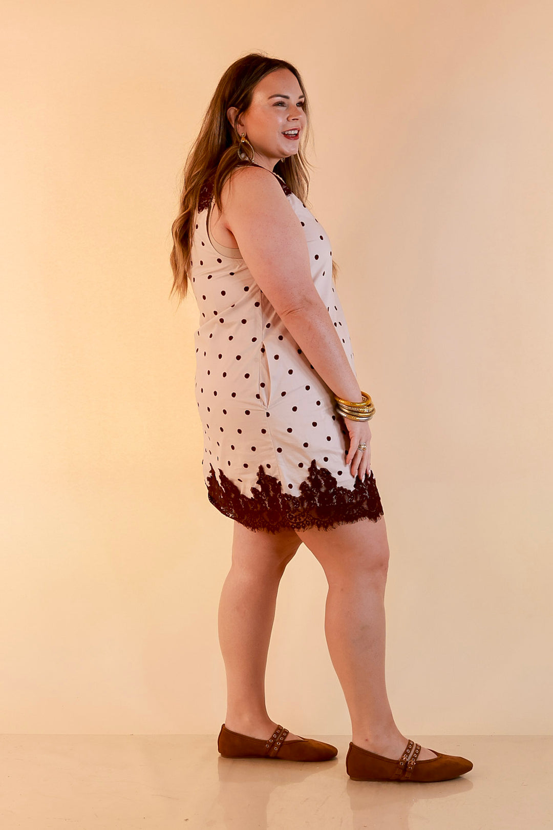 Lovely Little Details Polka Dot Lace Trim Sleeveless Shift Dress in Ivory and Chocolate Brown