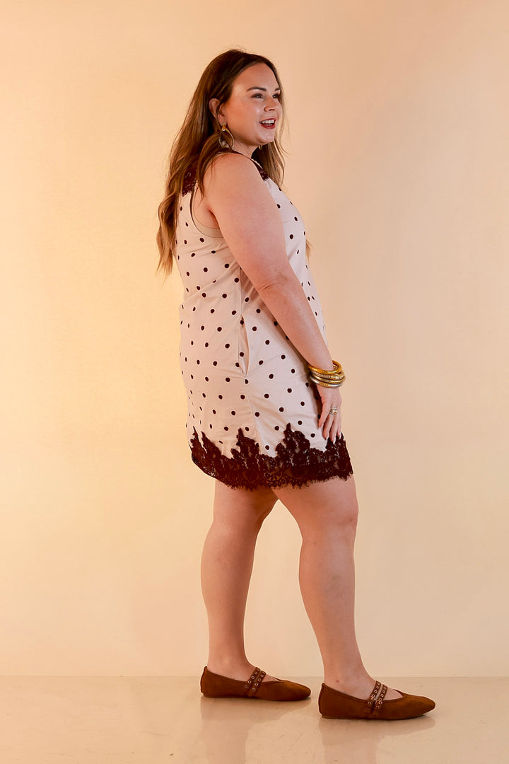 Lovely Little Details Polka Dot Lace Trim Sleeveless Shift Dress in Ivory and Chocolate Brown