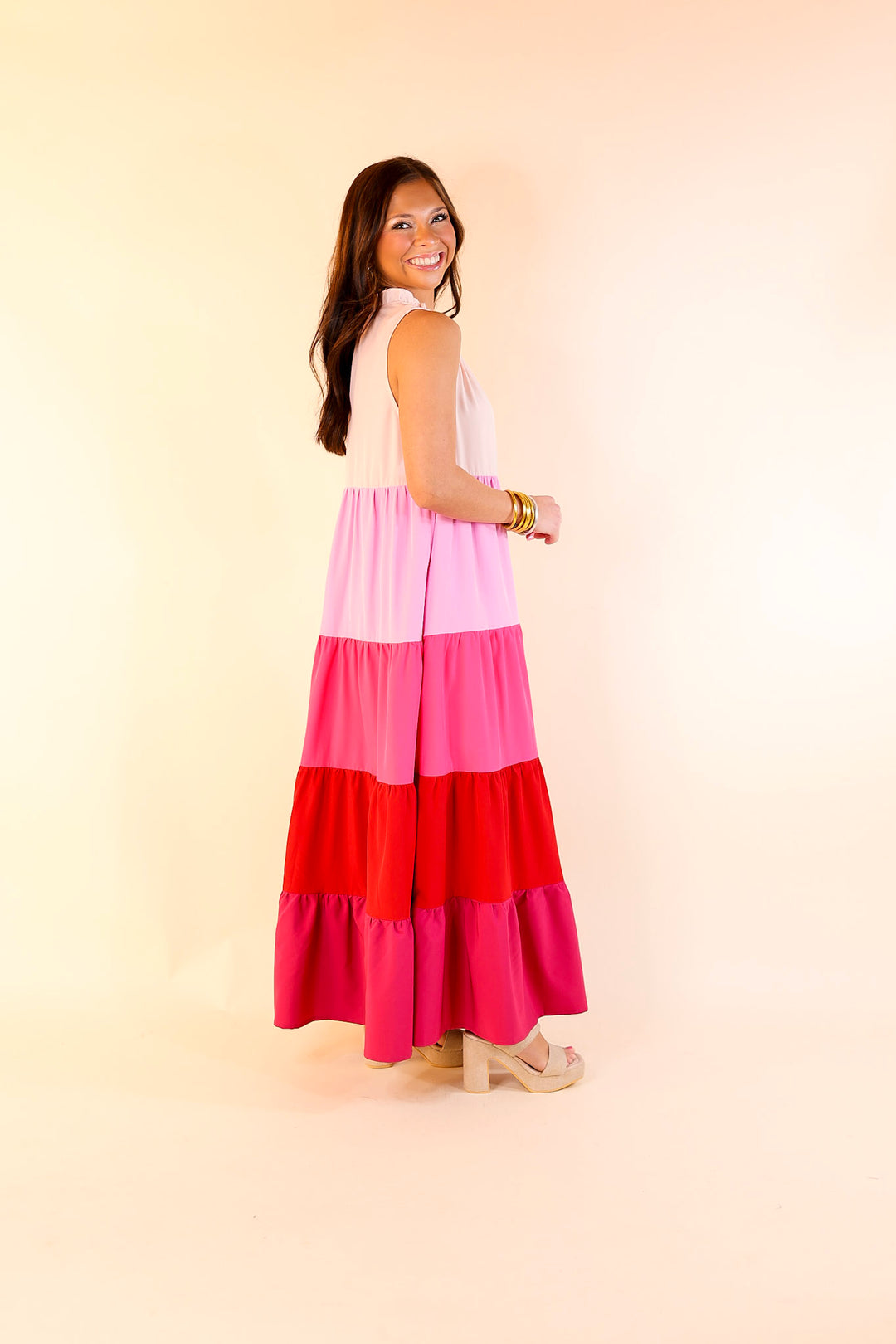 Calm Waters High Neck Tiered Maxi Dress in Pink Mix