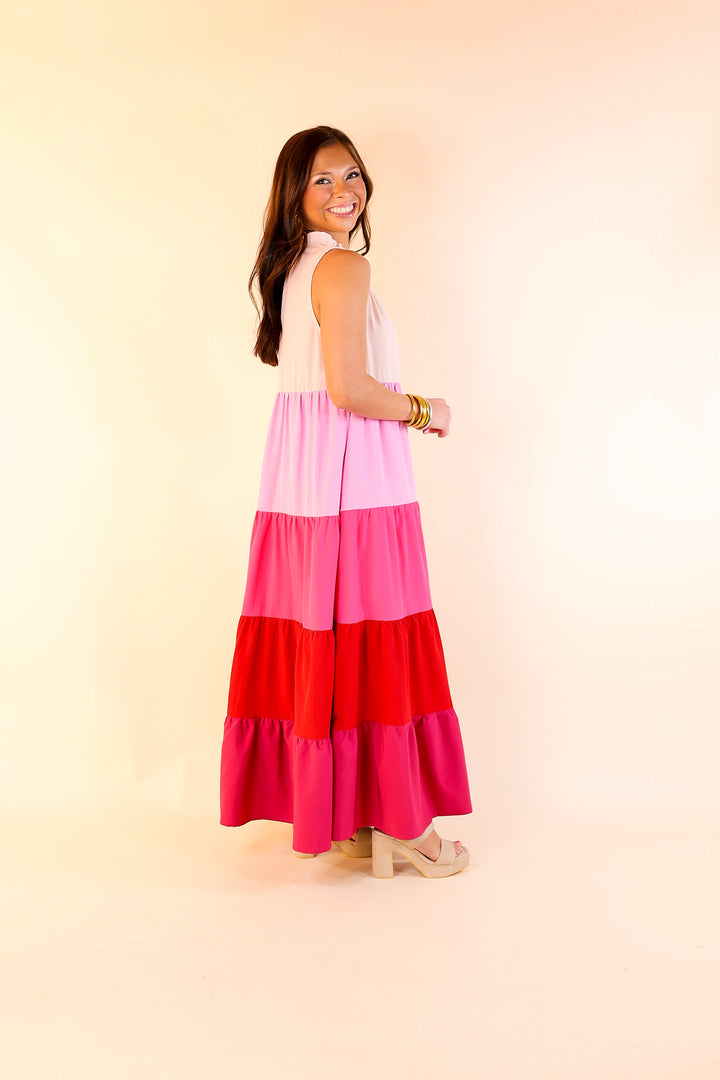 Calm Waters High Neck Tiered Maxi Dress in Pink Mix