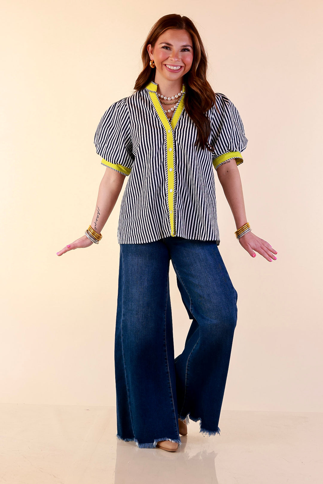 Pop of Polish Short Puff Sleeve Button Front Top with Contrast Trim in Navy Blue, White and Lime