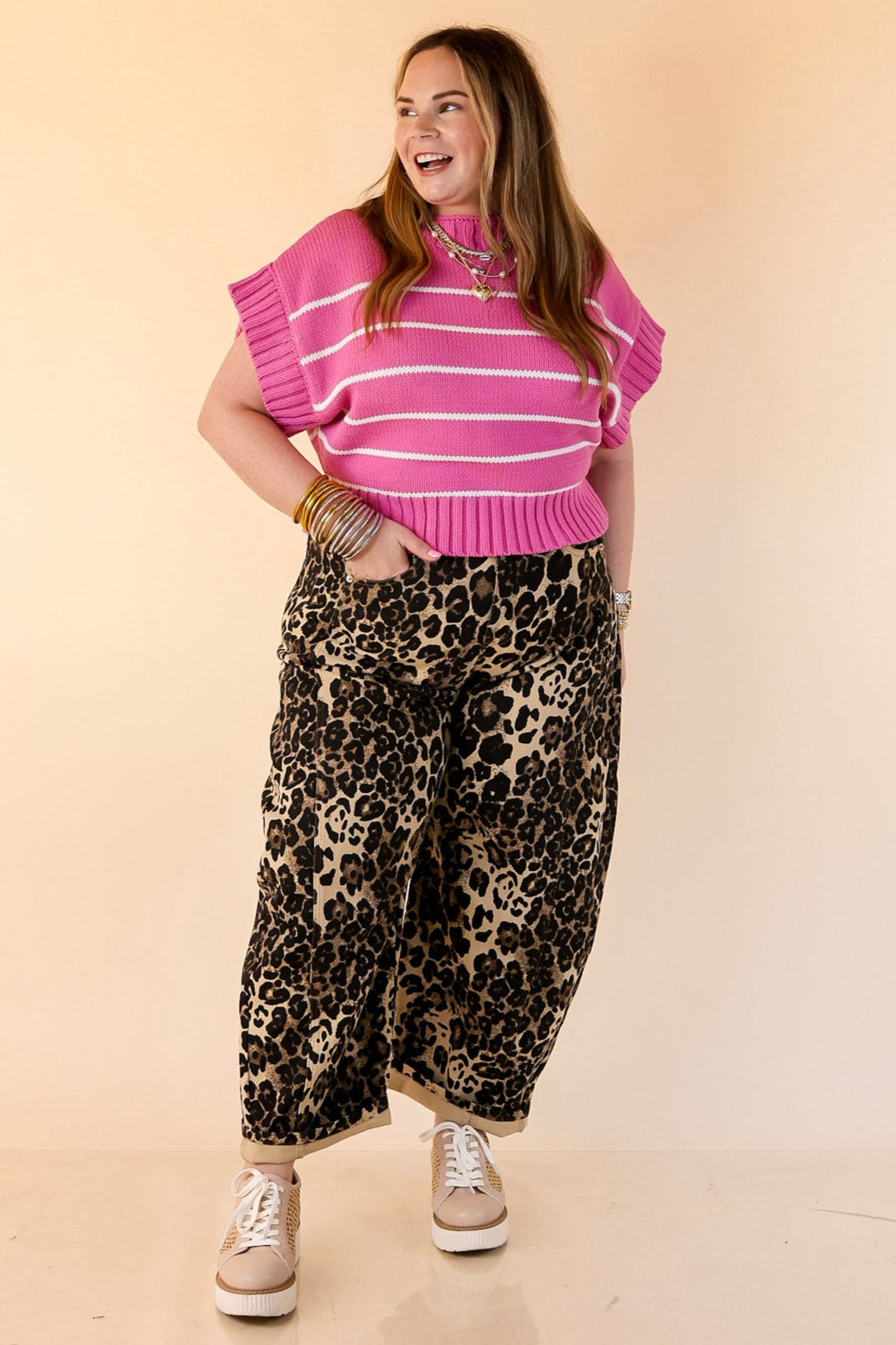 Sweet in Stripes Short Sleeve Striped Mock Neck Sweater in Bright Mauve Pink