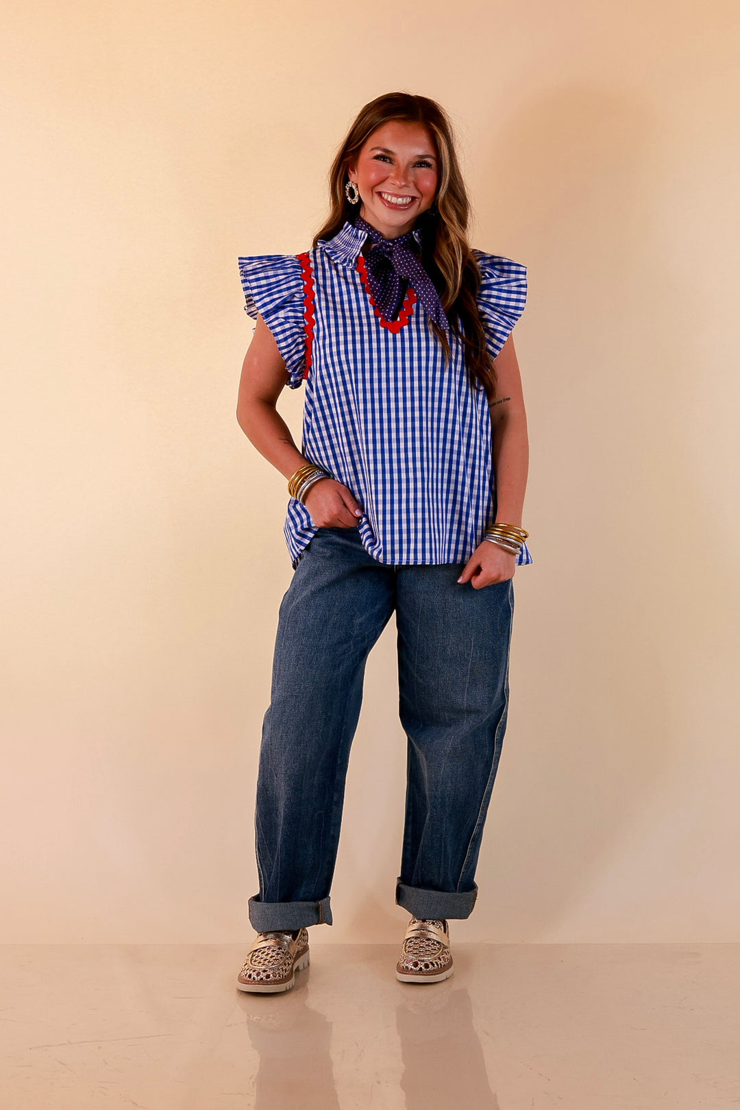 Sweet Tea Social Ruffle Sleeve Gingham Top with Ric Rac Trim in Royal Blue