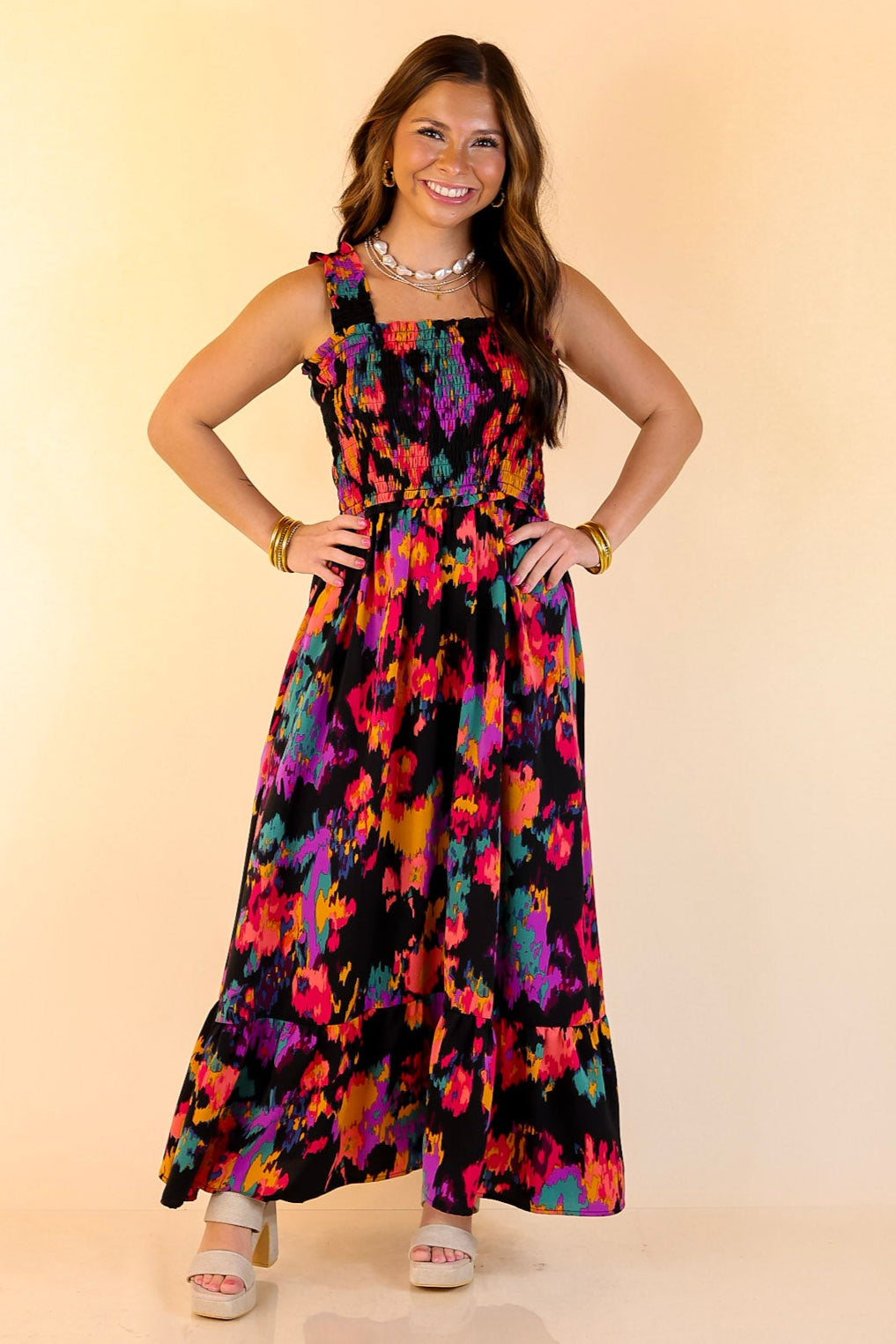 My Night Out Smocked Bodice Dress with Multicolor Abstract Print in Black