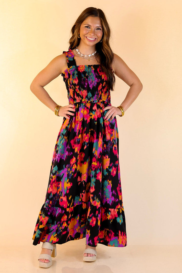 My Night Out Smocked Bodice Dress with Multicolor Abstract Print in Black