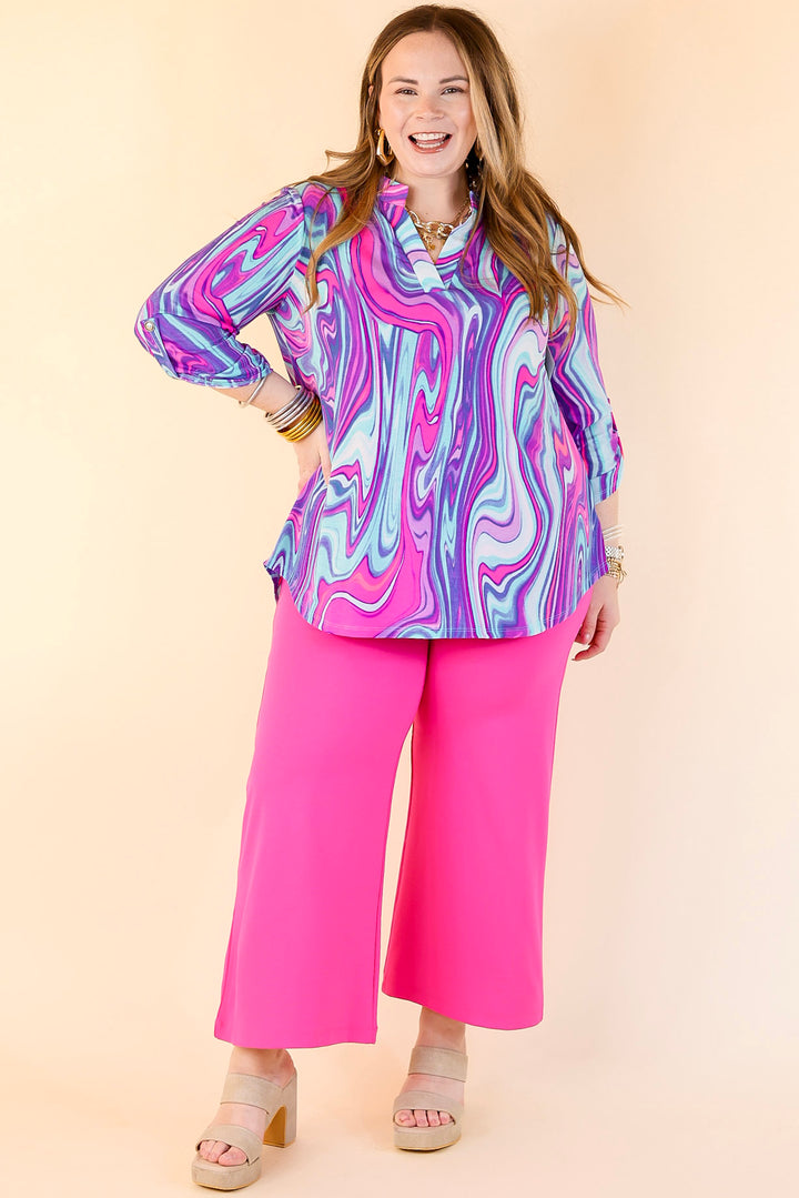 Urban Elegance Marble 3/4 Sleeve Tunic Top in Purple Mix