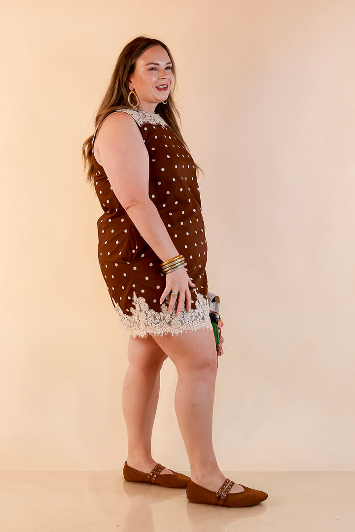 Lovely Little Details Polka Dot Lace Trim Sleeveless Shift Dress in Chocolate Brown and Ivory