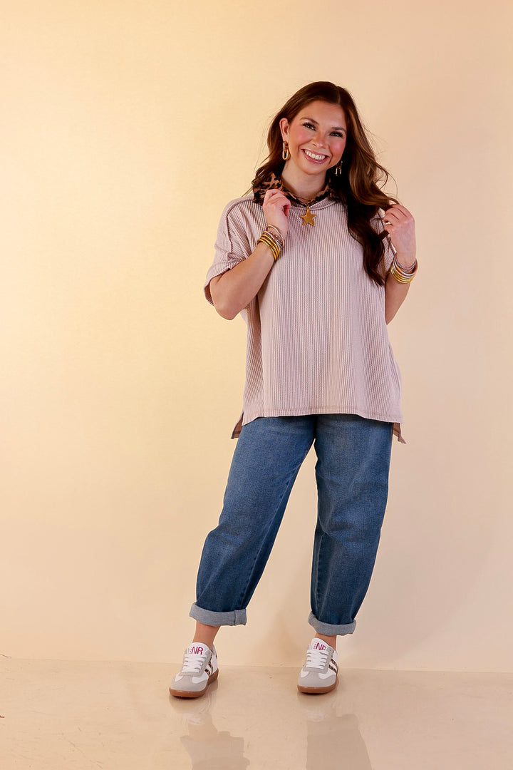 Daily Perfection Scoop Neck Short Sleeve Ribbed Top in Natural Brown