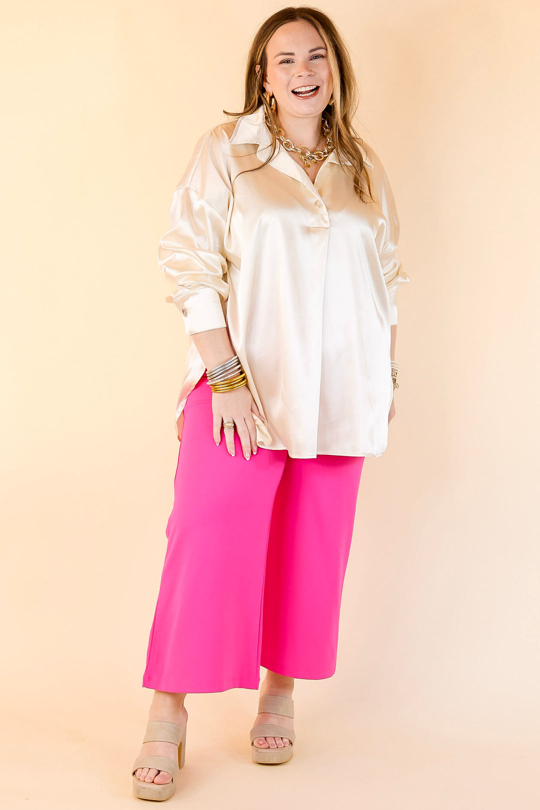 Start The Show Satin Long Sleeve Collared Top in Ivory