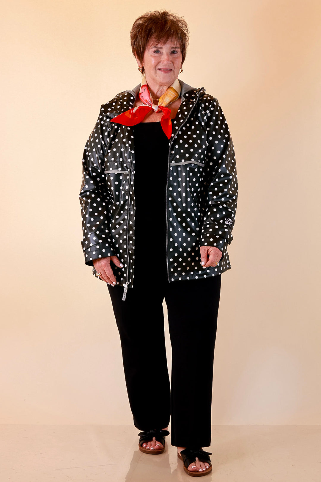 Lulu Mac | Chic Forecast Ivory Polka Dot Hooded Rain Jacket in Black