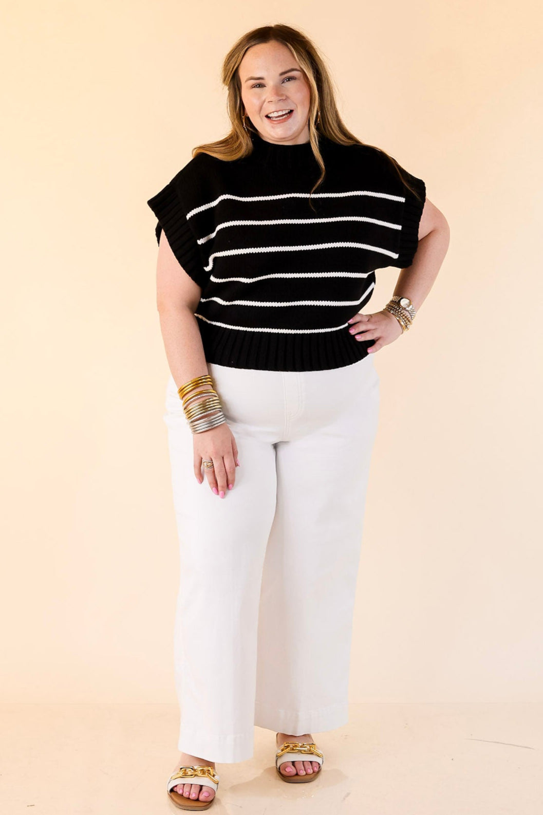 Sweet in Stripes Short Sleeve Striped Mock Neck Sweater in Black