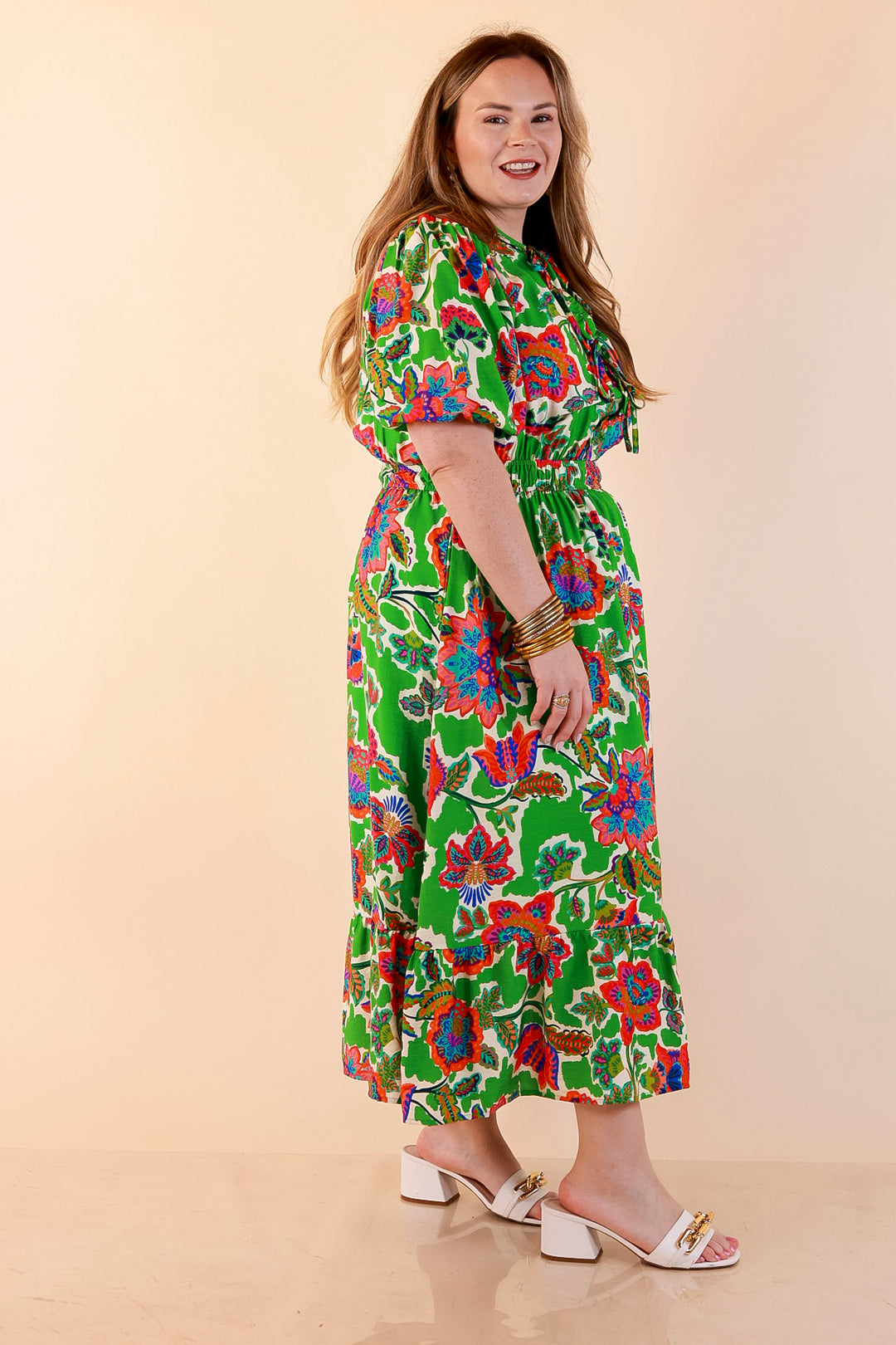 Color Me Happy Floral Print Midi Dress with Tie Neckline and Puff Sleeves in Green