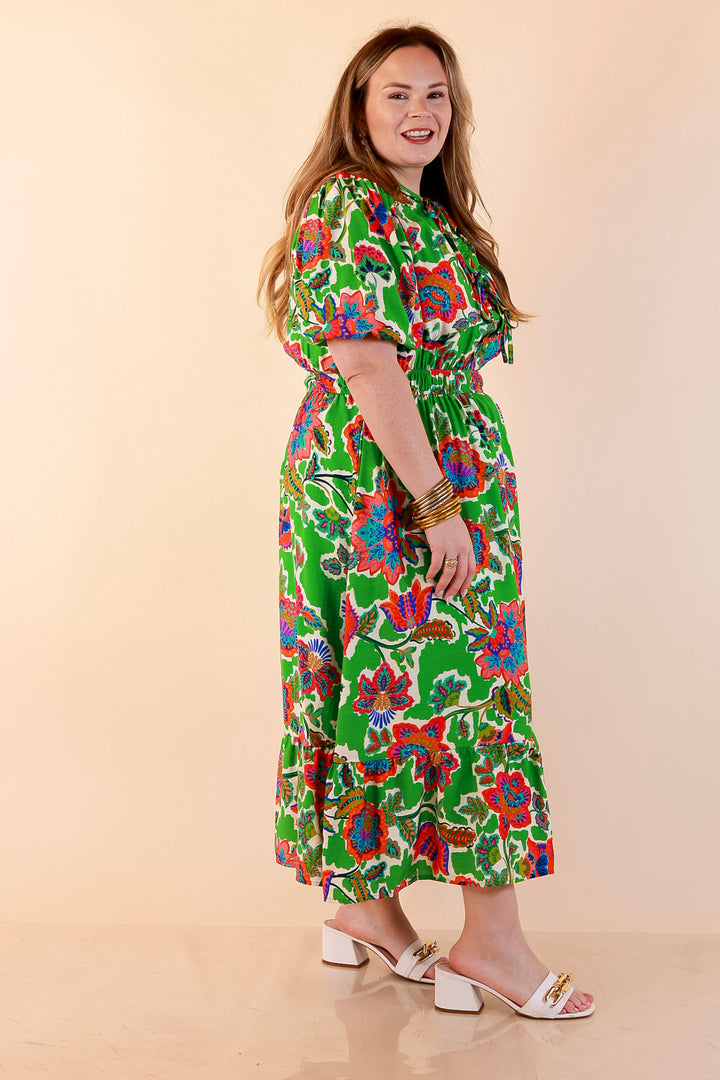 Color Me Happy Floral Print Midi Dress with Tie Neckline and Puff Sleeves in Green