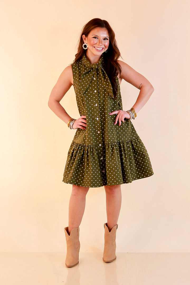 Sweet Spot Denim Polka Dot Bow Neck Tie Button Front Drop Waist Dress in Olive Green