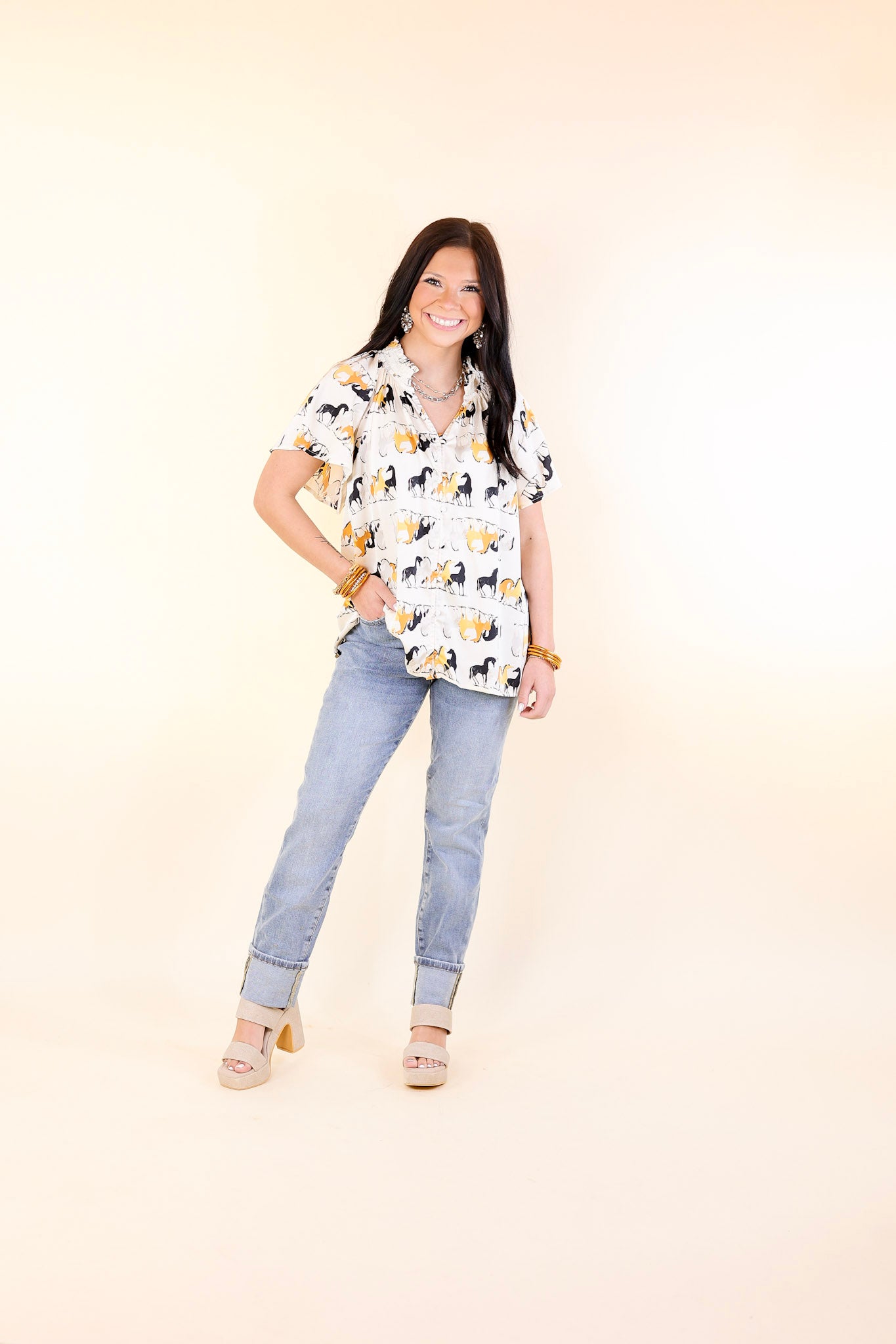 Away We Go Button Up Horse Print Shirt in Ivory