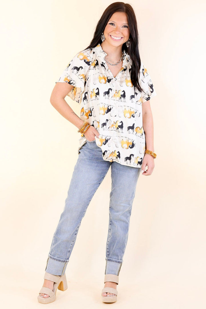 Away We Go Button Up Horse Print Shirt in Ivory