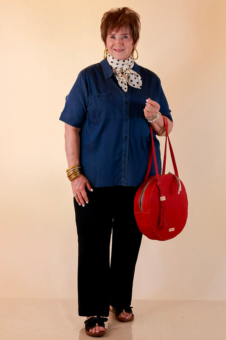Lyssé | Best Dressed Short Sleeve Button Down Chambray Denim Shirt in Dark Wash