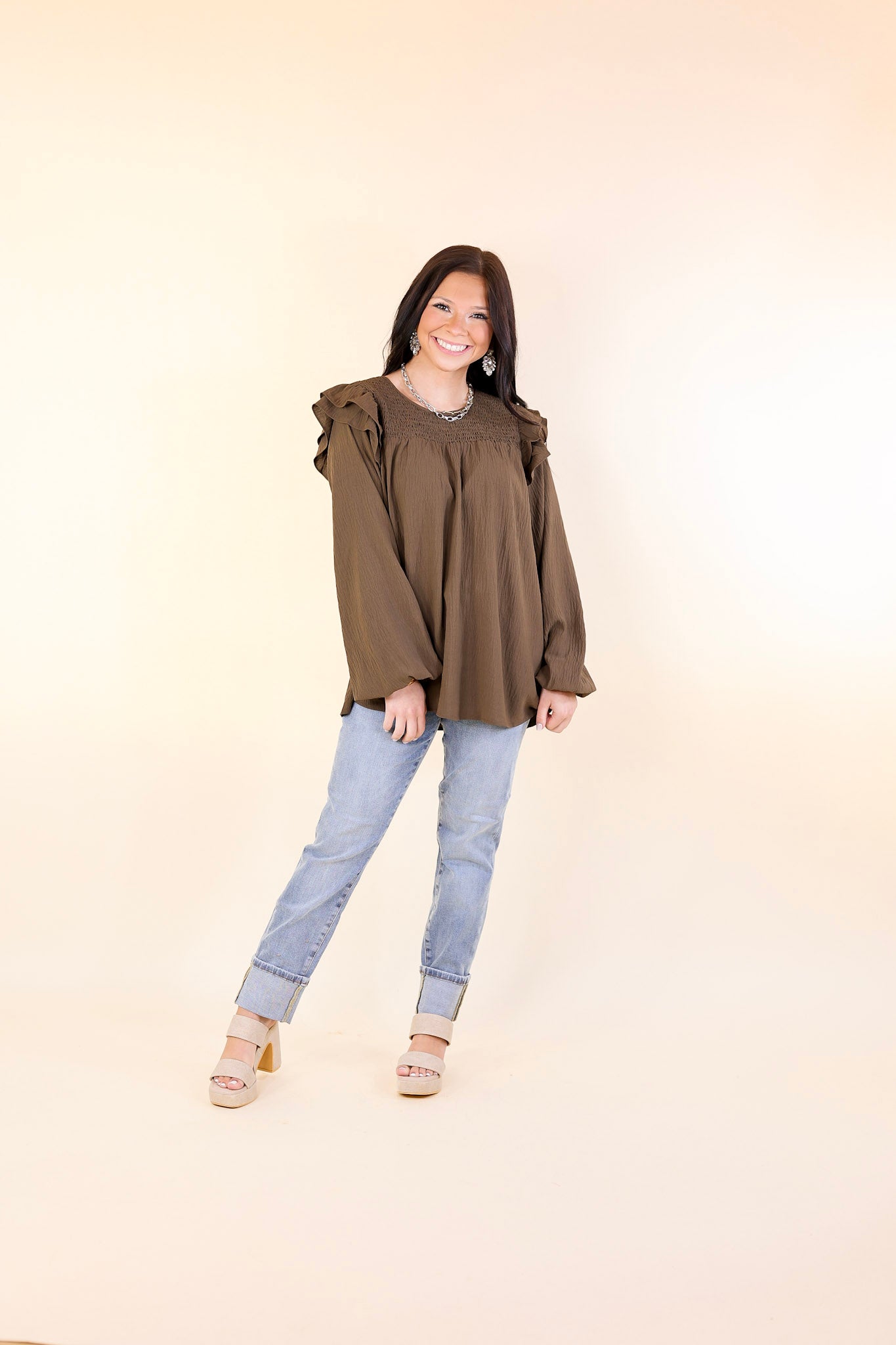 Balcony Nights Ruffle Shoulder Long Sleeve Blouse in Olive Brown