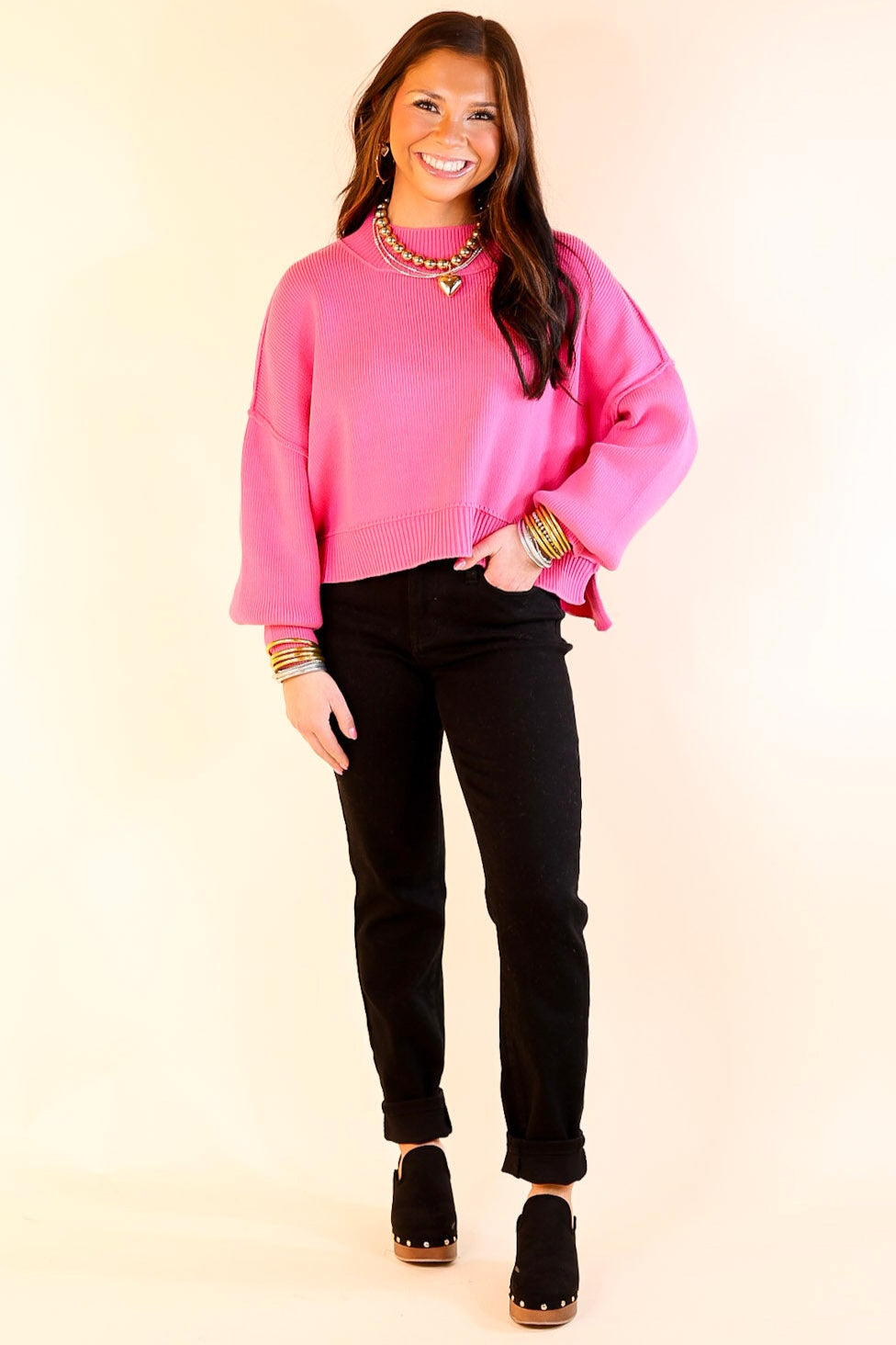 Fireside Fit Cropped Long Sleeve Mock Neck Sweater in Fuchsia Pink