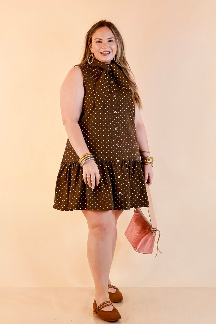 Sweet Spot Denim Polka Dot Bow Neck Tie Button Front Drop Waist Dress in Chocolate Brown