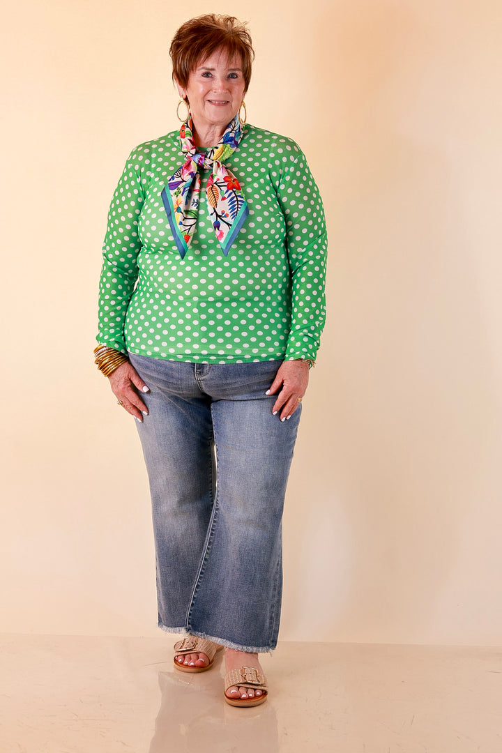 The Essential Layer Polka Dot Print Sheer Mesh Long Sleeve Top in Kelly Green
