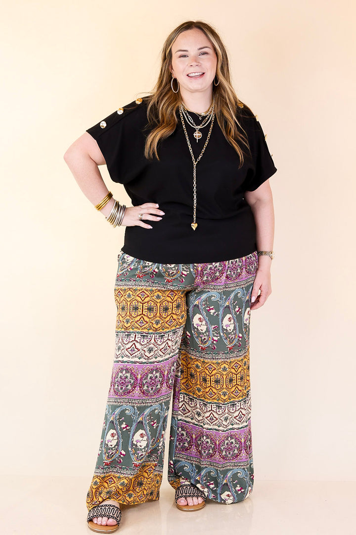 Golden Hour Glow Ribbed Crew Neck Top With Gold Button Detailing in Black