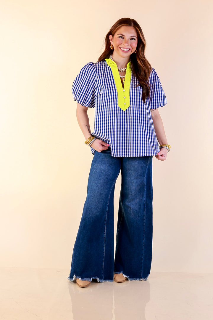 Polished &amp; Playful Short Puff Sleeve Gingham Top with Contrast Lime Green Trim in Royal Blue and White