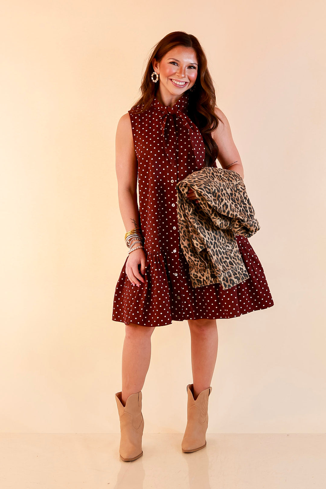 Sweet Spot Denim Polka Dot Bow Neck Tie Button Front Drop Waist Dress in Maroon
