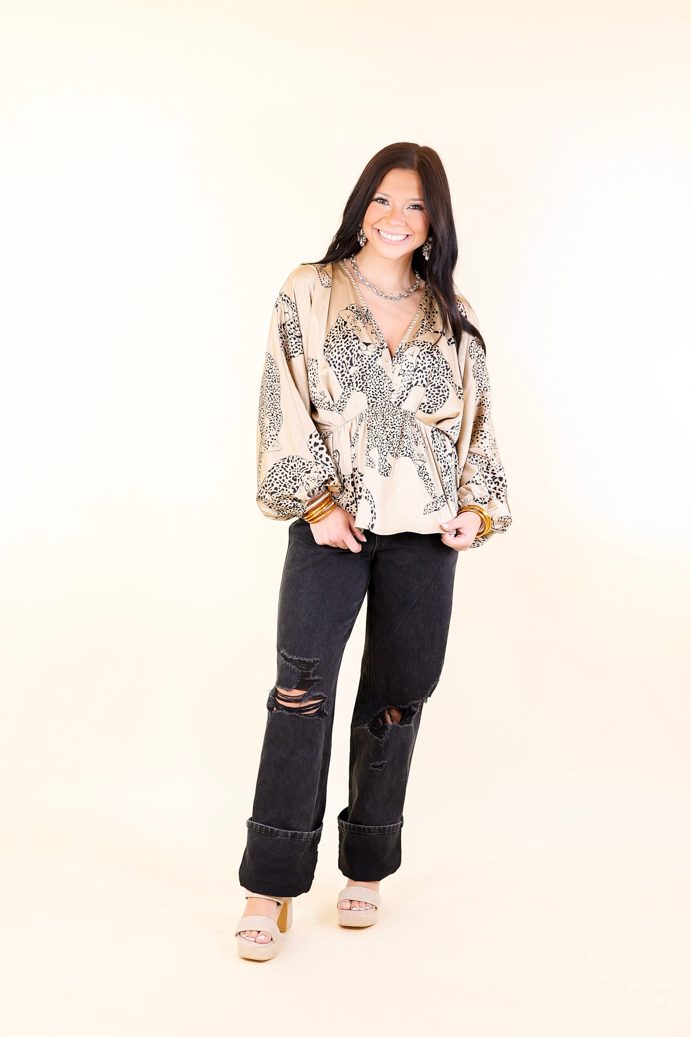 Central Ave Sweetness Leopard Print Peplum Top in Tan